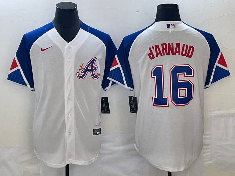 Men's Atlanta Braves Travis d'Arnaud #16 White 2023 City Connect Replica Player Jersey baseball jersey product view 1