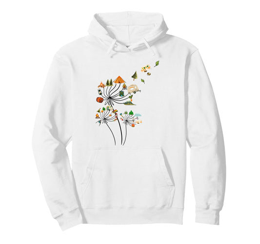 Camping Lover Dandelion Happy Camper Hoodie - Minimalist Print Unisex - T-Shirt, Sweatshirt, Hoodie