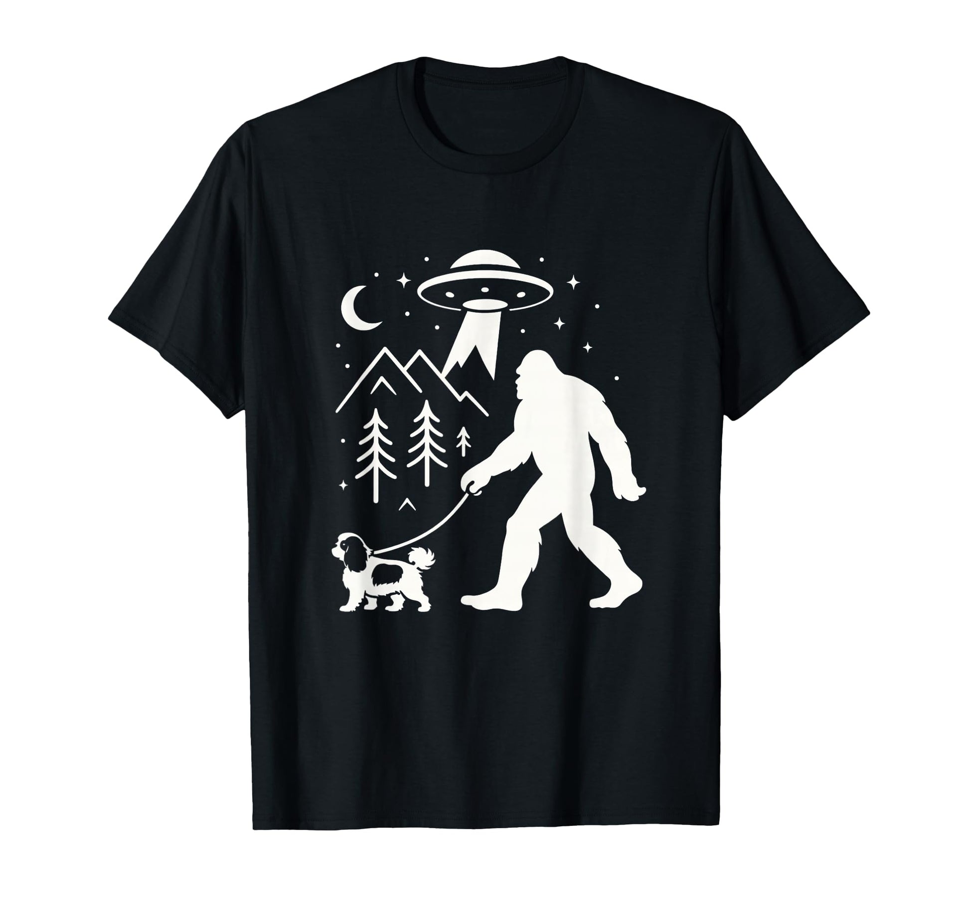Bigfoot Walking Spaniel Ufo Funny T-Shirt - Minimalist Print Men Women - T-Shirt, Sweatshirt, Hoodie