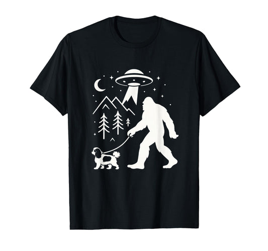 Bigfoot Walking Spaniel Ufo Funny T-Shirt - Minimalist Print Men Women - T-Shirt, Sweatshirt, Hoodie