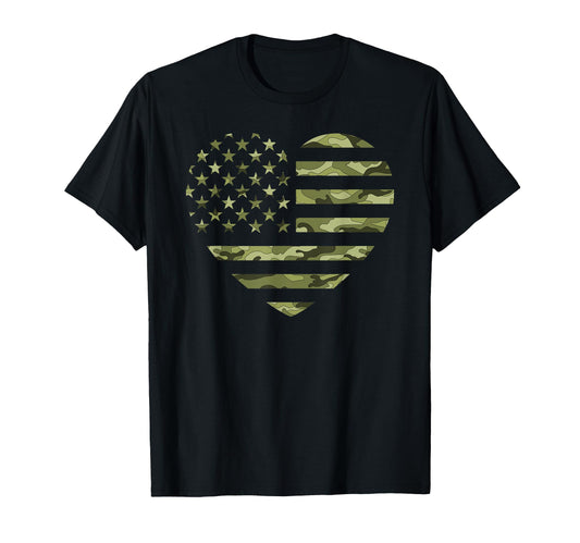 Camo American Flag Heart Camouflage T-Shirt - Novelty Apparel Unisex - T-Shirt, Sweatshirt, Hoodie