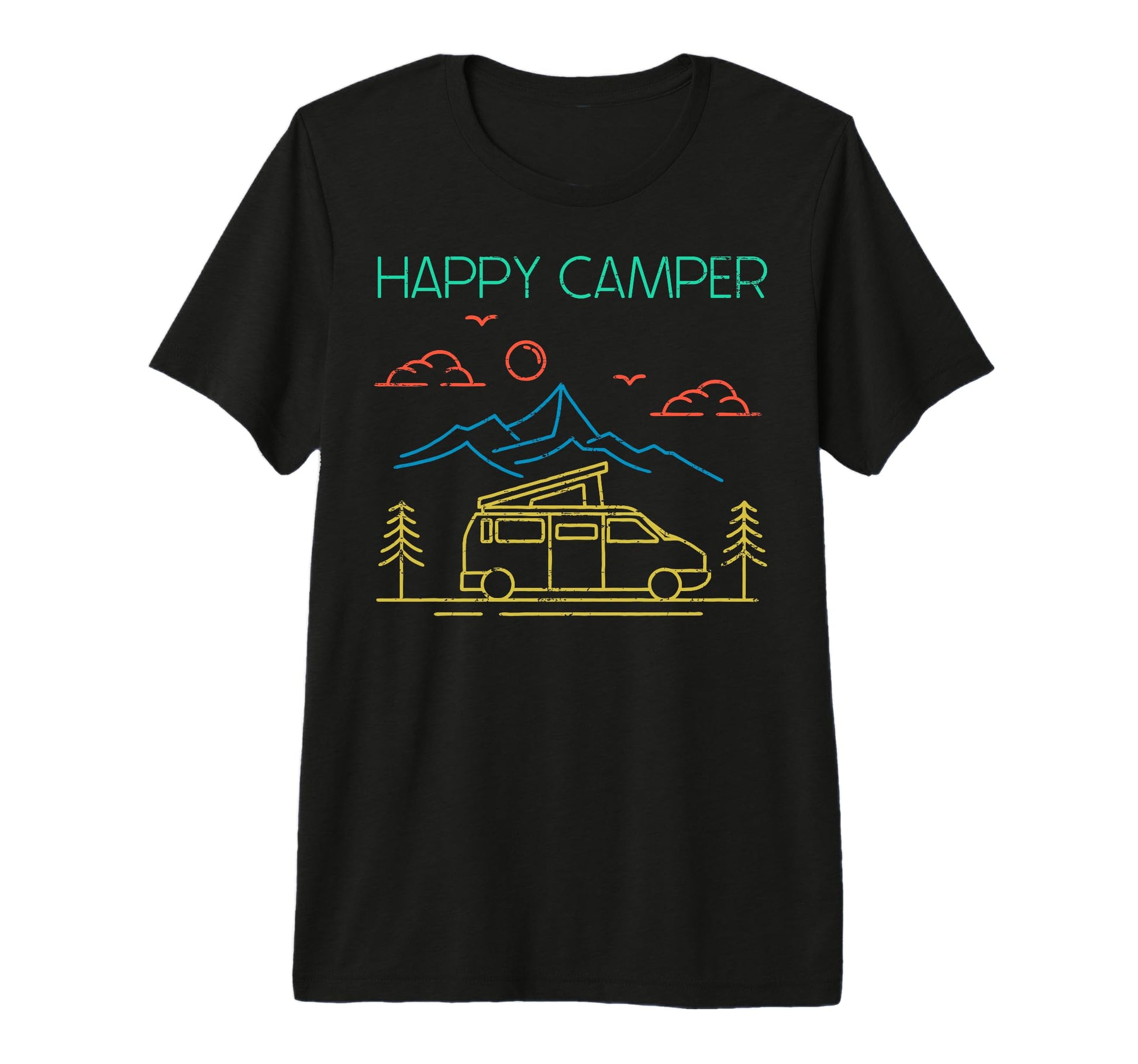 Happy Camper Mountain Hiking Camping T-Shirt - Graphic Print Unisex - T-Shirt, Sweatshirt, Hoodie
