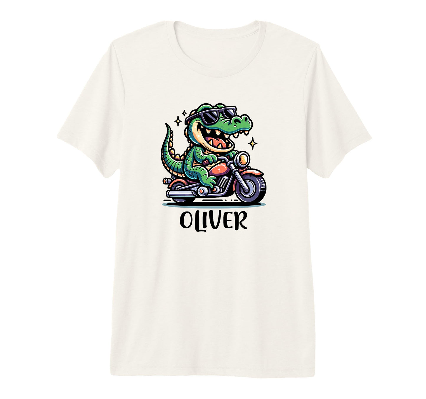 Oliver Funny Alligator Motorcycle Name T-Shirt - Graphic Print for Adults - T-Shirt, Sweatshirt, Hoodie