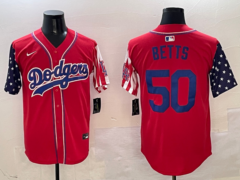 Men's Los Angeles Dodgers Mookie Betts #50 Red Replica Player Jersey baseball jersey product view 1