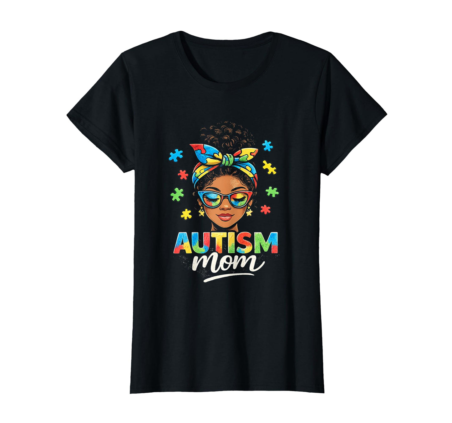 Autism Mom Messy Bun Black World Autism T-Shirt - Unique Graphic Men Women - T-Shirt, Sweatshirt, Hoodie