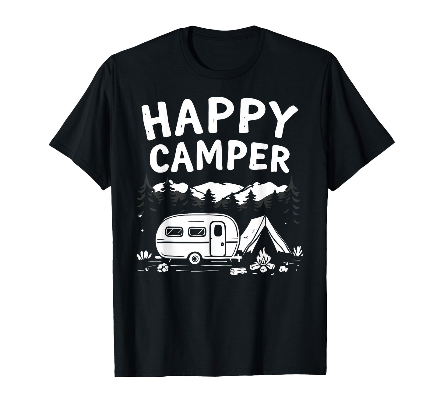Happy Camper Mountain Hiking Camping T-Shirt - Minimalist Print Unisex - T-Shirt, Sweatshirt, Hoodie