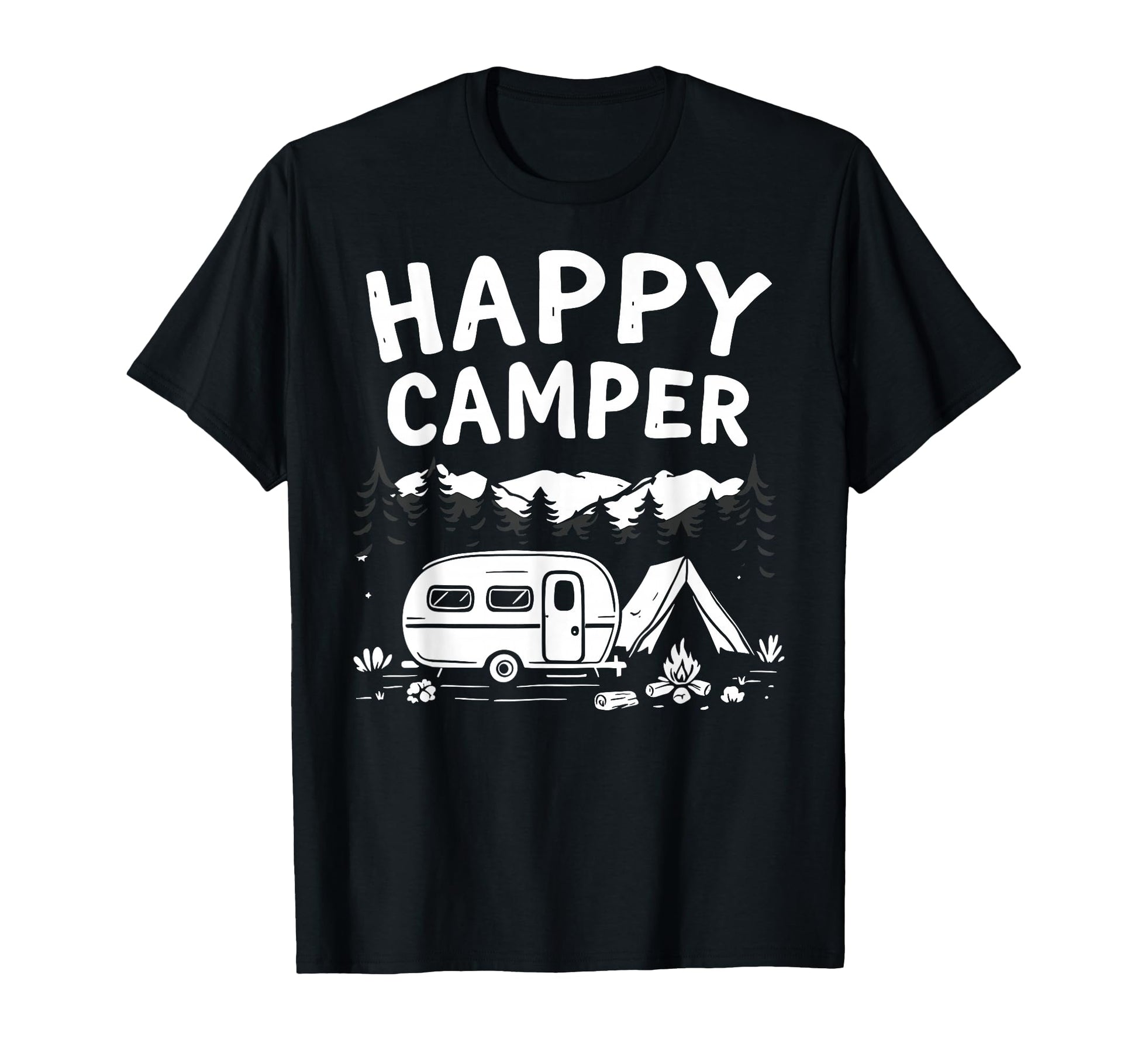 Happy Camper Mountain Hiking Camping T-Shirt - Minimalist Print Unisex - T-Shirt, Sweatshirt, Hoodie