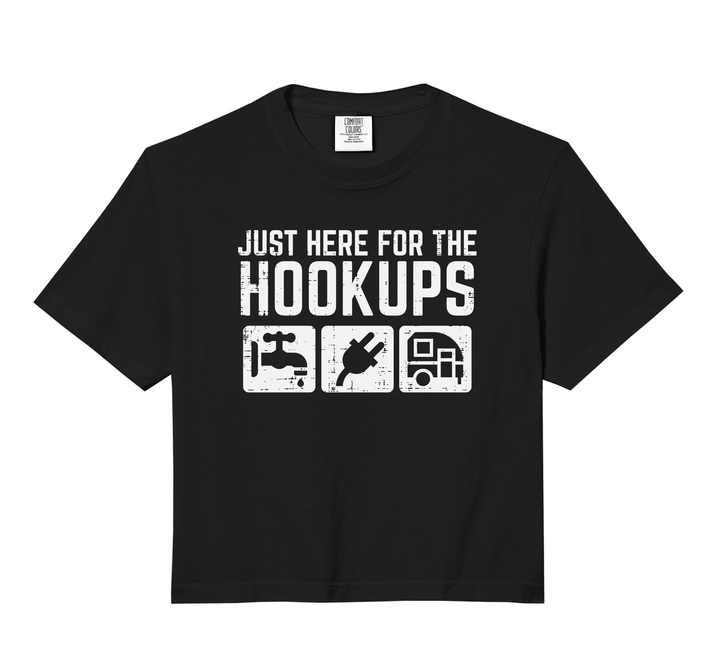 Camping Here Hookups Rv Funny Sweatshirt - Novelty Apparel for Adults - T-Shirt, Sweatshirt, Hoodie