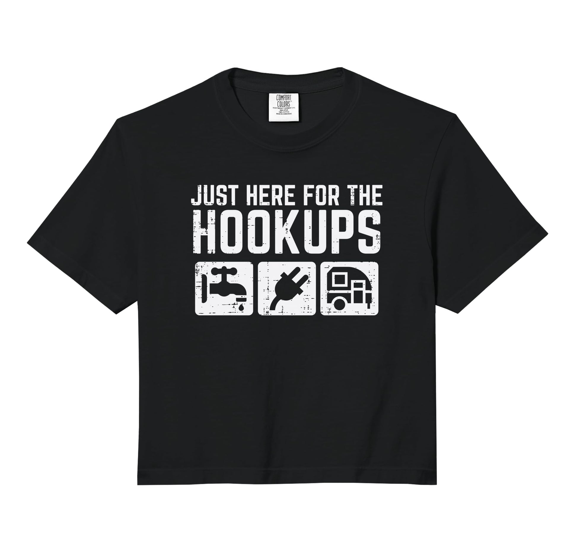 Camping Here Hookups Rv Funny Sweatshirt - Novelty Apparel for Adults - T-Shirt, Sweatshirt, Hoodie