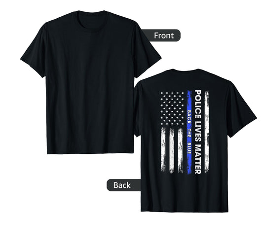 Back Blue Thin Blue Line Usa Flag T-Shirt - Novelty Apparel for Adults - T-Shirt, Sweatshirt, Hoodie