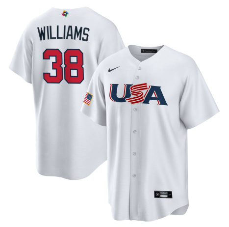 Men's 2023 World Baseball Classic Devin Williams USA White Jersey baseball jersey product view 1