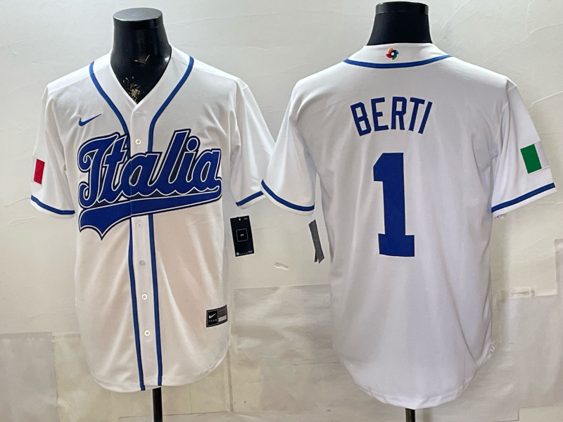 Men's Italy Baseball Jon Berti #1 White 2026 World Baseball Classic Stadium Jersey baseball jersey product view 1