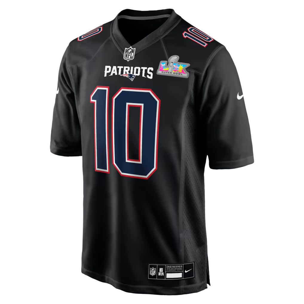 Men's New England Patriots Drake Maye Black Super Bowl LX Patch Carbon Fashion Game Jersey football jersey product view 2