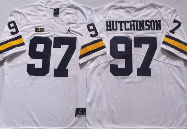 Men's Michigan Wolverines Aiden Hutchinson #97 White Alumni Player Game Jersey sports jersey product view 1