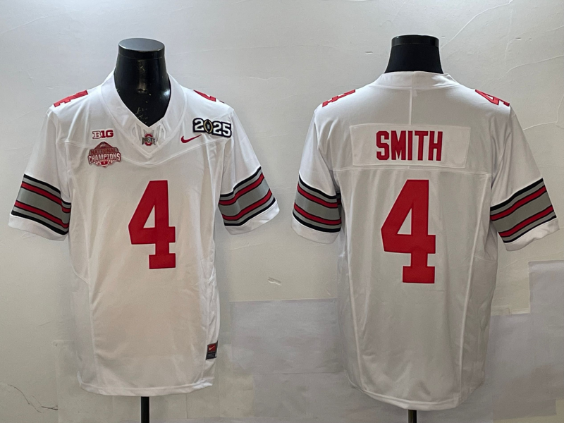 Men's Ohio State Buckeyes Jeremiah Smith #4 White 2025 CFP Final National Champions Patch F.U.S.E. Jersey sports jersey product view 1