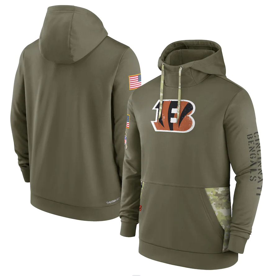 Men's Cincinnati Bengals Olive 2022 Salute to Service Therma Performance Pullover Hoodie football jersey product view 1
