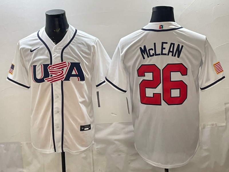 Men's USA Baseball Nolan McLean #26 White 2026 World Baseball Classic Stadium Jersey baseball jersey product view 1