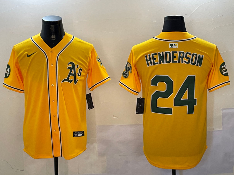 Men's Oakland Athletics Rickey Henderson Yellow Game Player Jersey baseball jersey product view 1