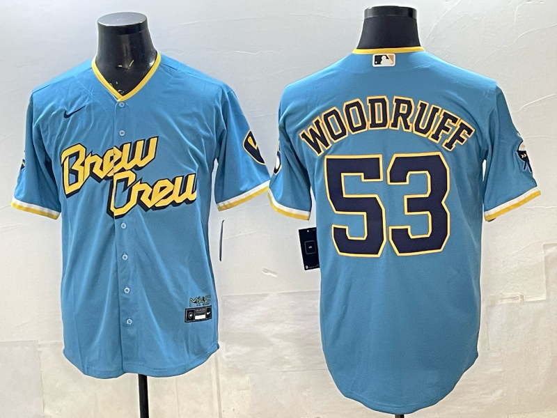 Men's Milwaukee Brewers Brandon Woodruff #53 Powder Blue City Connect Replica Player Jersey baseball jersey product view 1