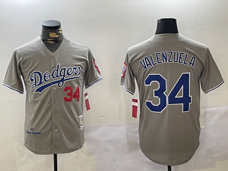 Men's Los Angeles Dodgers Fernando Valenzuela #34 Gray 1981 World Series Baseball Jersey baseball jersey product view 1