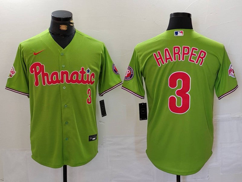 Men's Philadelphia Phillies Bryce Harper #3 Green Replica Player Name Jersey baseball jersey product view 1