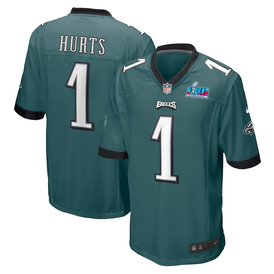 Men's Philadelphia Eagles Jalen Hurts Midnight Green Super Bowl LVII Patch Game Jersey football jersey product view 1