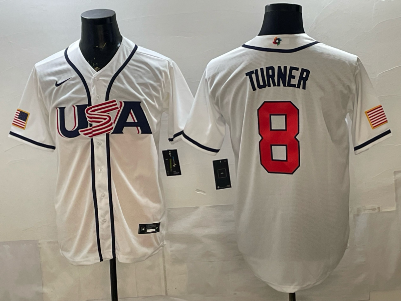 Men's USA Baseball Trea Turner #8 White 2026 World Baseball Classic Stadium Jersey baseball jersey product view 1