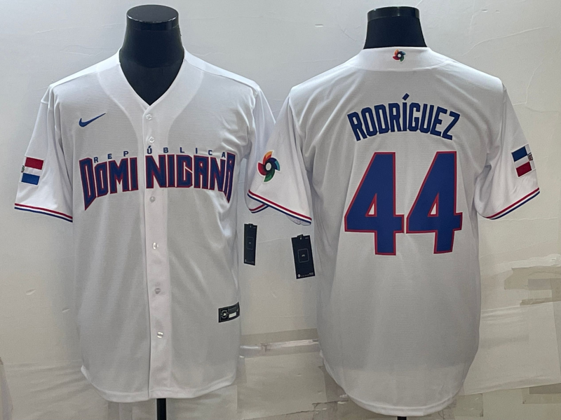 Men's 2023 World Baseball Classic #44 Julio Rodriguez Dominican Republic White Jersey1 baseball jersey product view 1