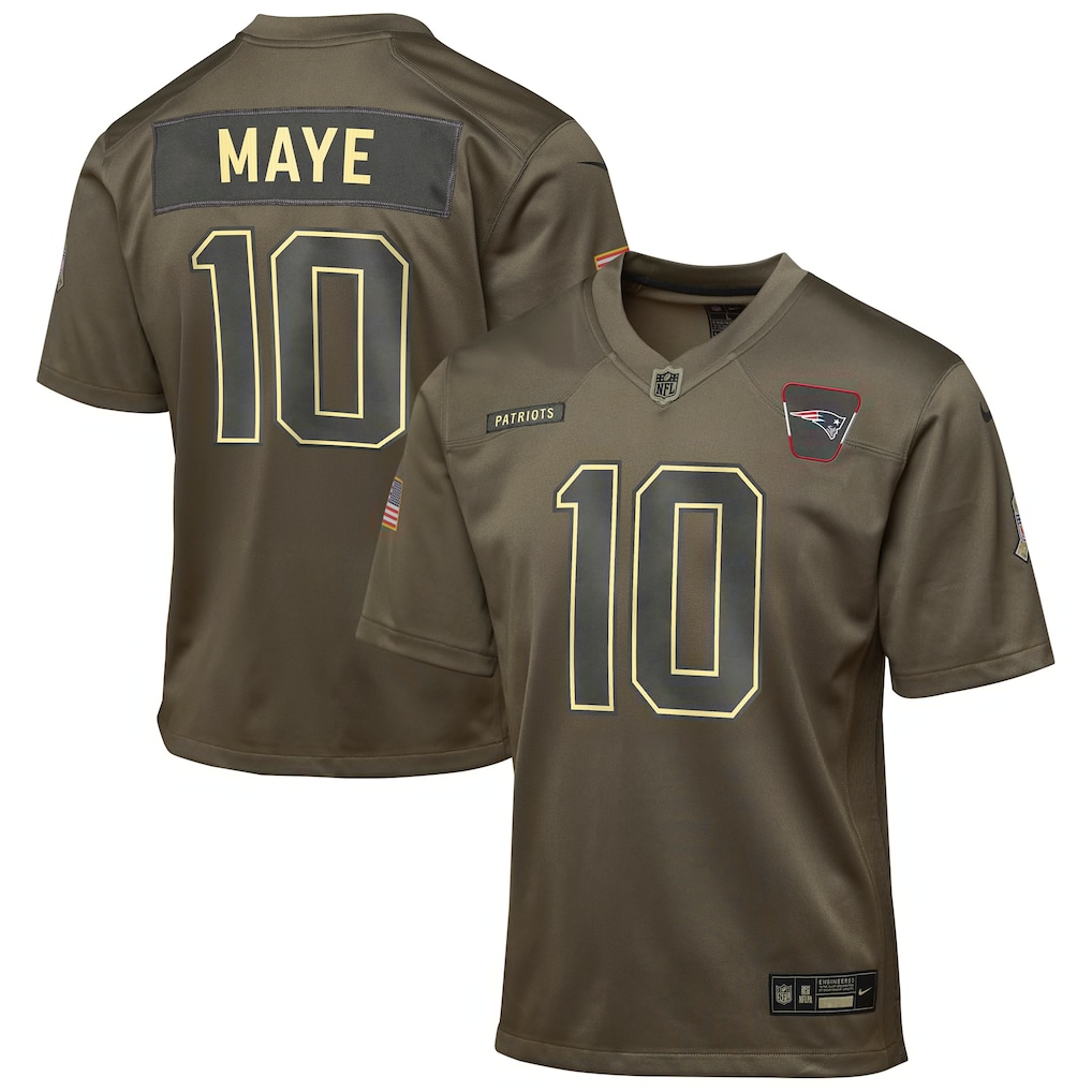 Youth New England Patriots Drake Maye Olive 2025 Salute to Service Game Jersey football jersey product view 1