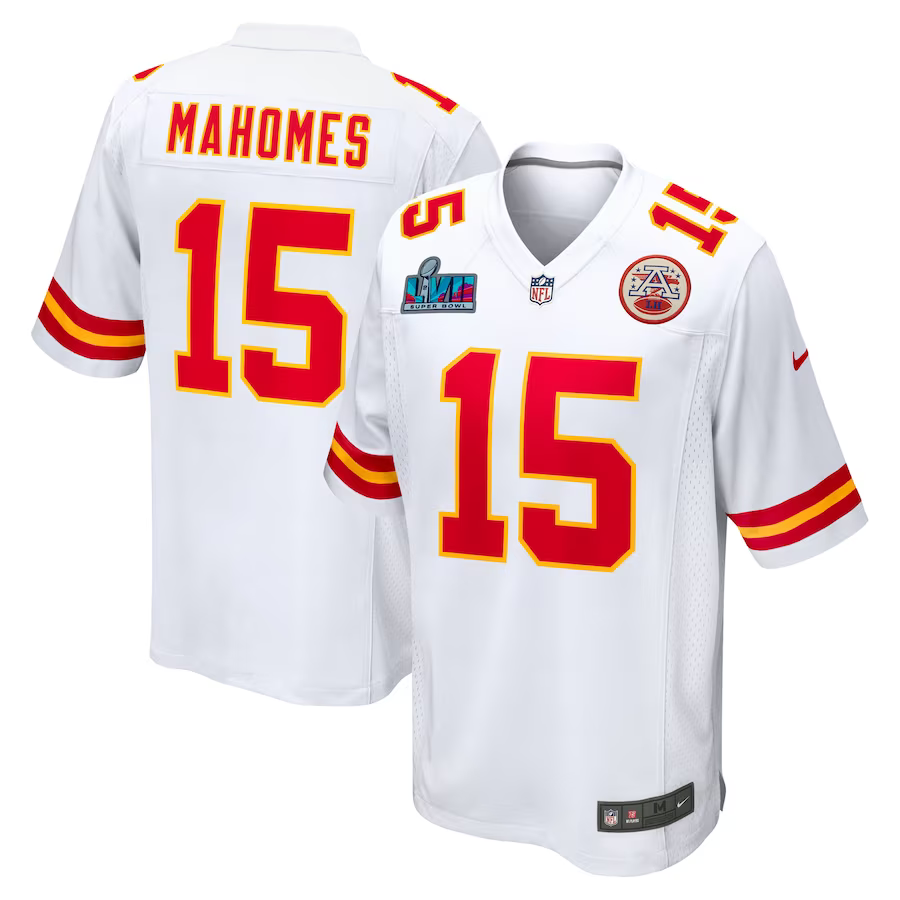 Men's Kansas City Chiefs Patrick Mahomes White Super Bowl LVII Patch Away Game Jersey football jersey product view 1