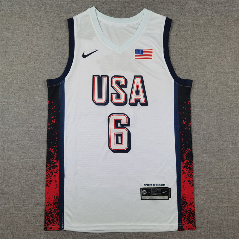 Men's 2024 USA Dream Team LeBron James #6 White Authentic Player Jersey basketball jersey product view 1