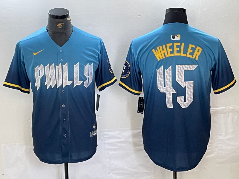 Men's Philadelphia Phillies Zack Wheeler #45 Blue 2024 City Connect Limited Player Jersey1 baseball jersey product view 1