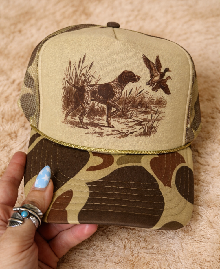 Duck Hunting Pointer Dog -  Camo Olive Foam Otto Trucker Hat Unisex T-shirt, Sweatshirt, Hoodie, Long Sleeve Tee - T-Shirt, Sweatshirt, Hoodie