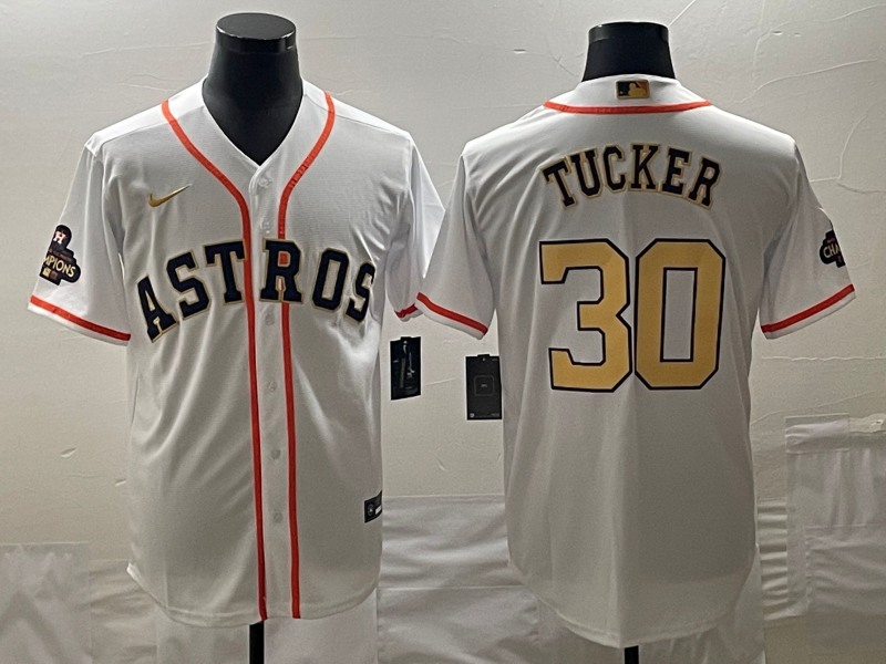 Men's Houston Astros Kyle Tucker #30 White/Gold 2023 Gold Collection Replica Player Jersey baseball jersey product view 1