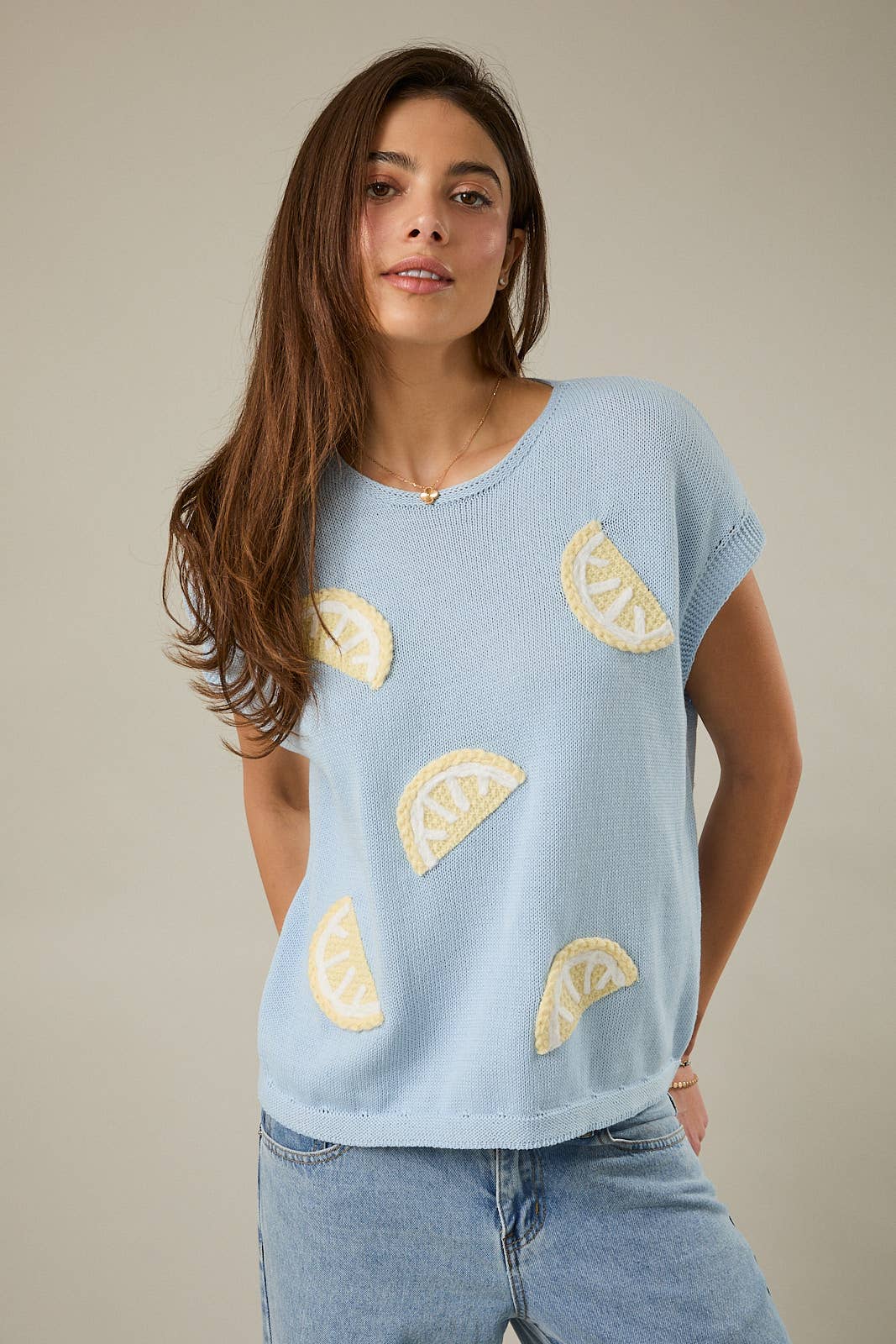 Round Neck Covered Shoulder Lemon Patched Knit Top Unisex T-shirt, Sweatshirt, Hoodie, Long Sleeve Tee - T-Shirt, Sweatshirt, Hoodie