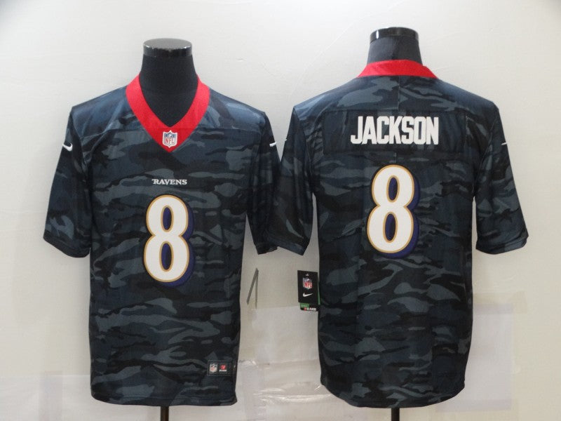 Men's Baltimore Ravens Lamar Jackson #8 Gray Camouflage Game Jersey1 football jersey product view 1