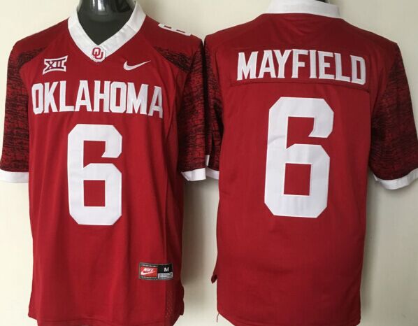 Men's Oklahoma Sooners Baker Mayfield Crimson Player Game Jersey sports jersey product view 1