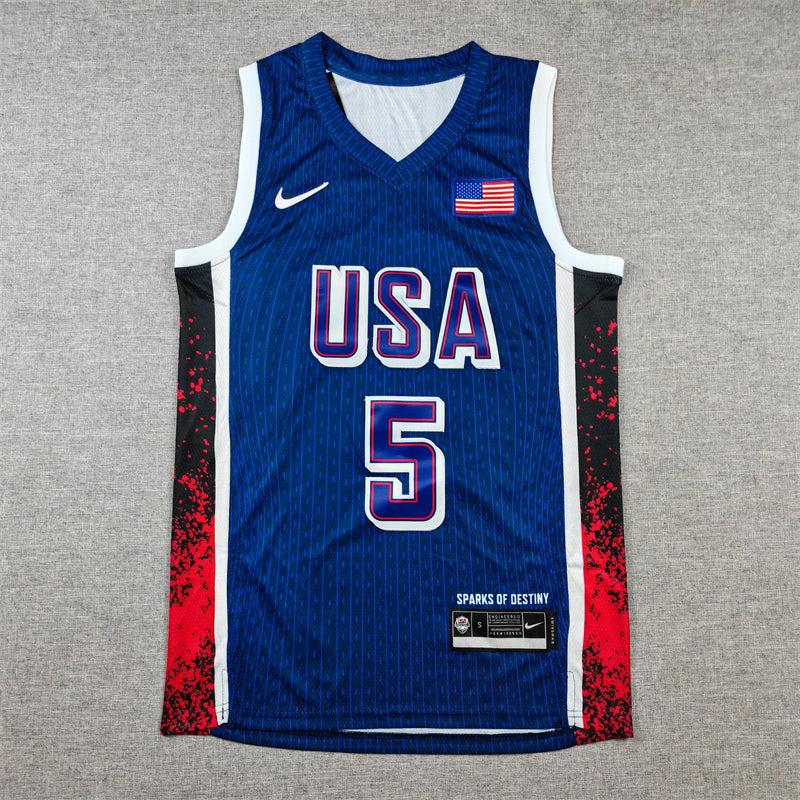 Men's 2024 USA Dream Team Anthony Edwards #5 Navy Authentic Player Jersey basketball jersey product view 1