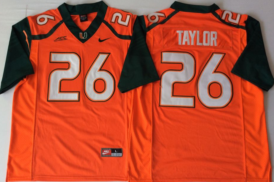 Men's Miami Hurricanes Sean Taylor #26 Orange Team Football game Jersey football jersey product view 1