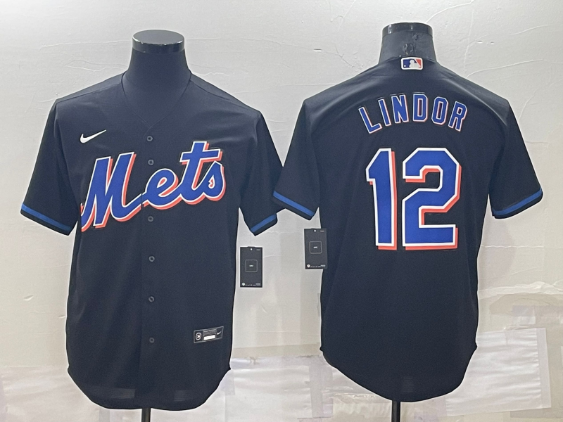 Men's New York Mets Francisco Lindor #12 Black Replica Baseball Jersey baseball jersey product view 1