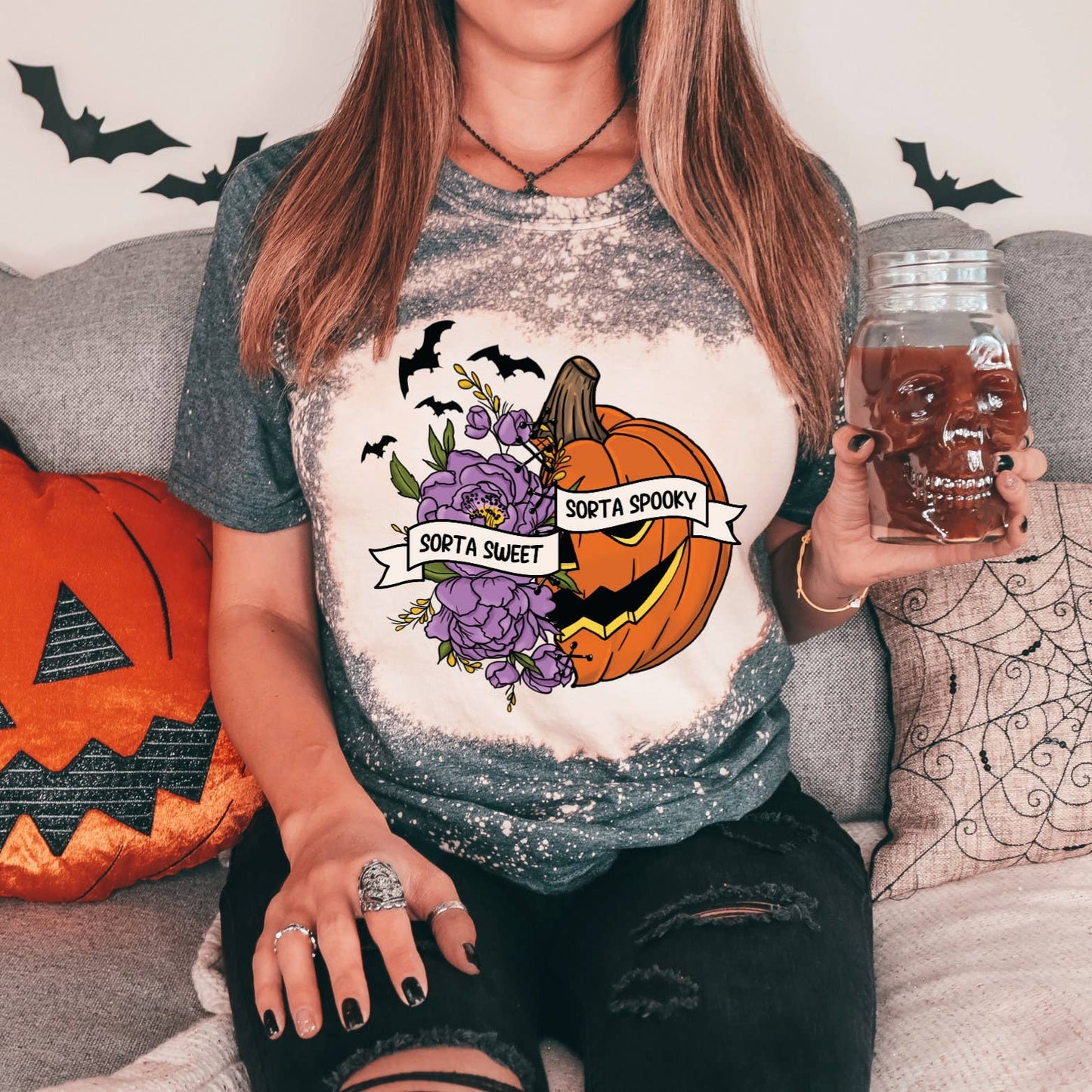 Sorta Sweet Sorta Spooky Bleached Tee - Halloween Graphic Unisex T-shirt, Sweatshirt, Hoodie, Long Sleeve Tee - T-Shirt, Sweatshirt, Hoodie