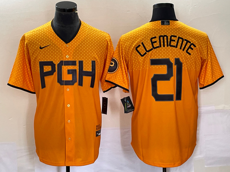 Men's Pittsburgh Pirates Roberto Clemente Gold 2023 City Connect Replica Player Jersey baseball jersey product view 1