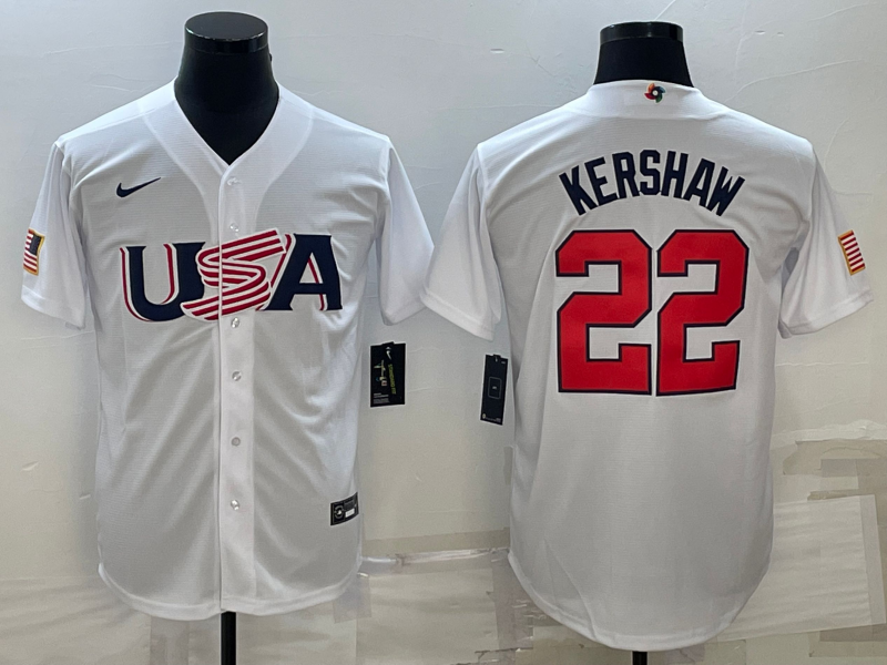 Men's 2023 World Baseball Classic Clayton Kershaw USA White Jersey baseball jersey product view 1