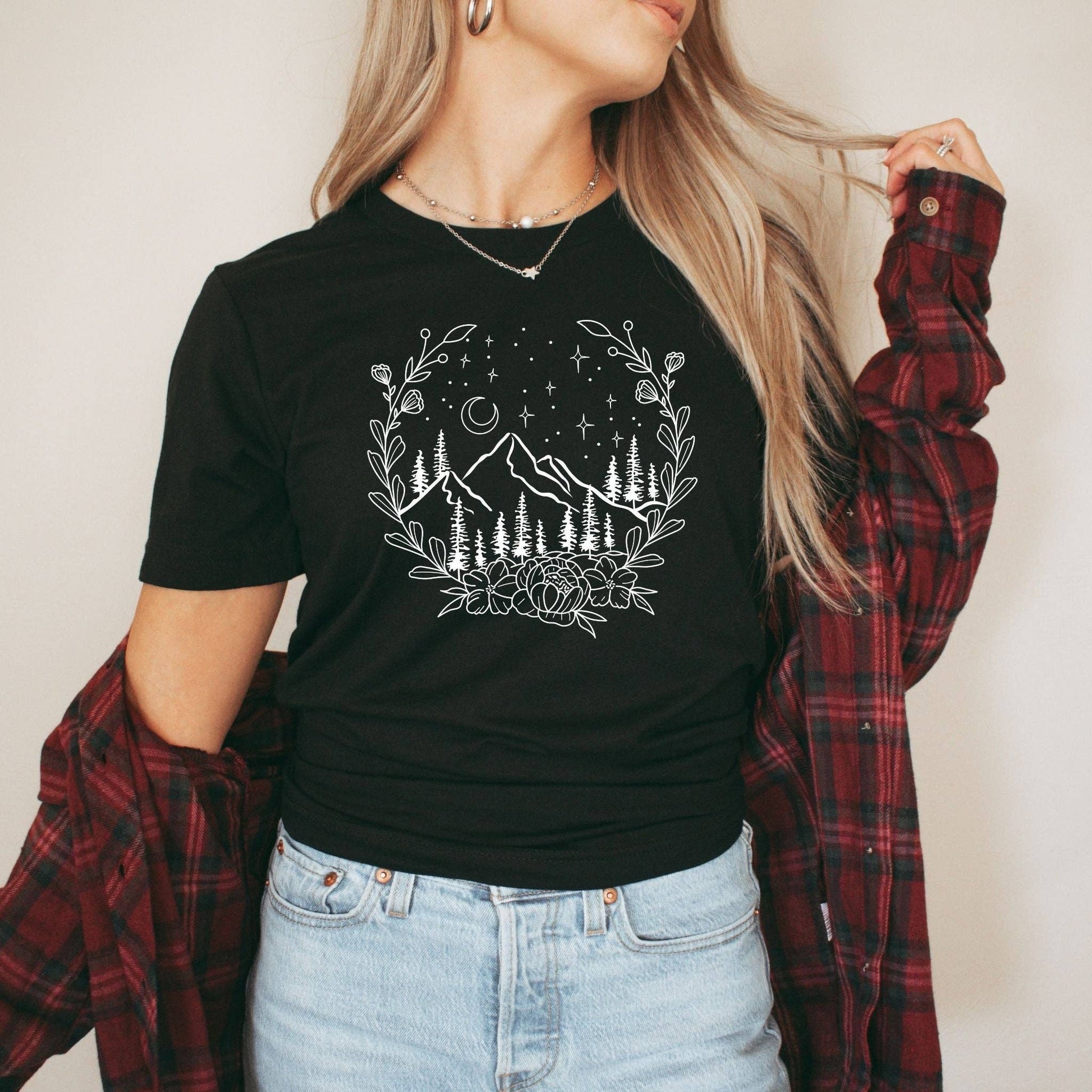 Floral Mountain Scene Graphic Tee 011 Unisex T-shirt, Sweatshirt, Hoodie, Long Sleeve Tee - T-Shirt, Sweatshirt, Hoodie