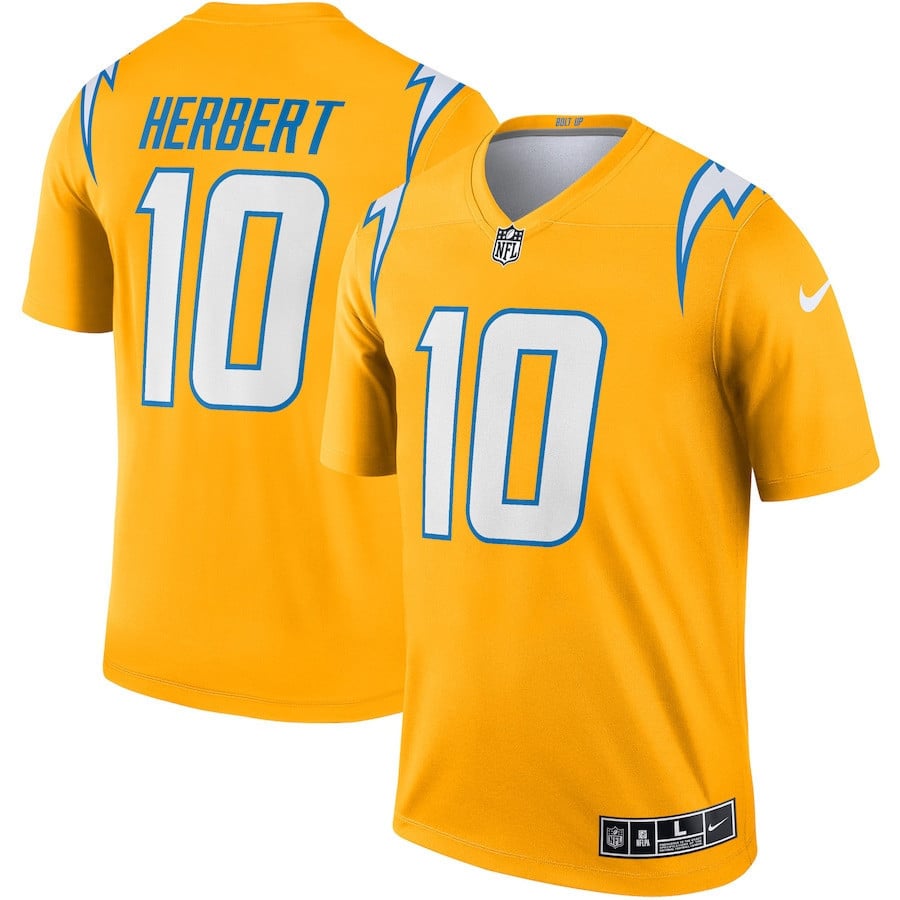 Justin Herbert 10 Los Angeles Chargers Inverted Legend Jersey - Gold football jersey product view 1