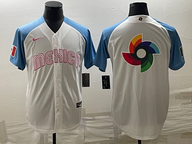 Men's 2023 World Baseball Classic Mexico White/Blue Jersey baseball jersey product view 1