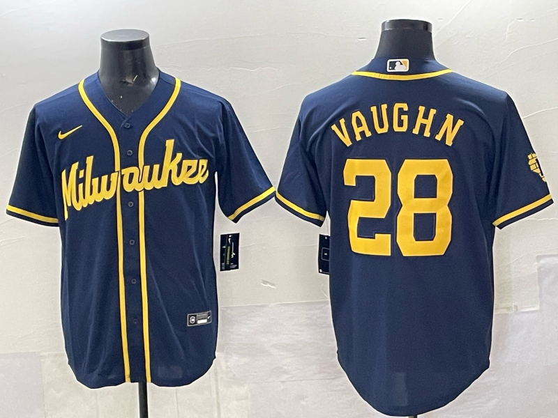Men's Milwaukee Brewers Andrew Vaughn #28 Navy Replica Player Jersey baseball jersey product view 1