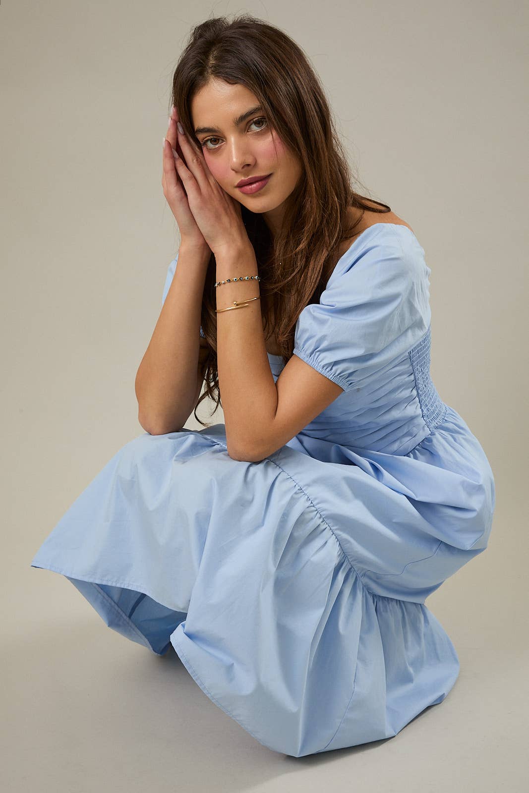 Puff Sleeve Pleated Torso Tiered Skirt Midi Dress Unisex T-shirt, Sweatshirt, Hoodie, Long Sleeve Tee - T-Shirt, Sweatshirt, Hoodie
