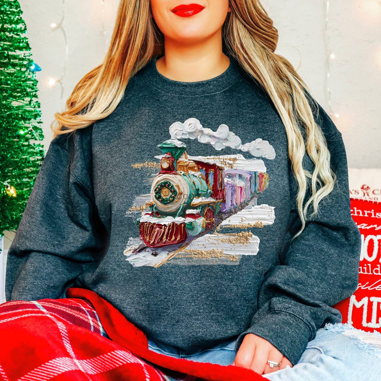 Faux Hand Painted North Pole Train Sweatshirt Unisex T-shirt, Sweatshirt, Hoodie, Long Sleeve Tee - T-Shirt, Sweatshirt, Hoodie