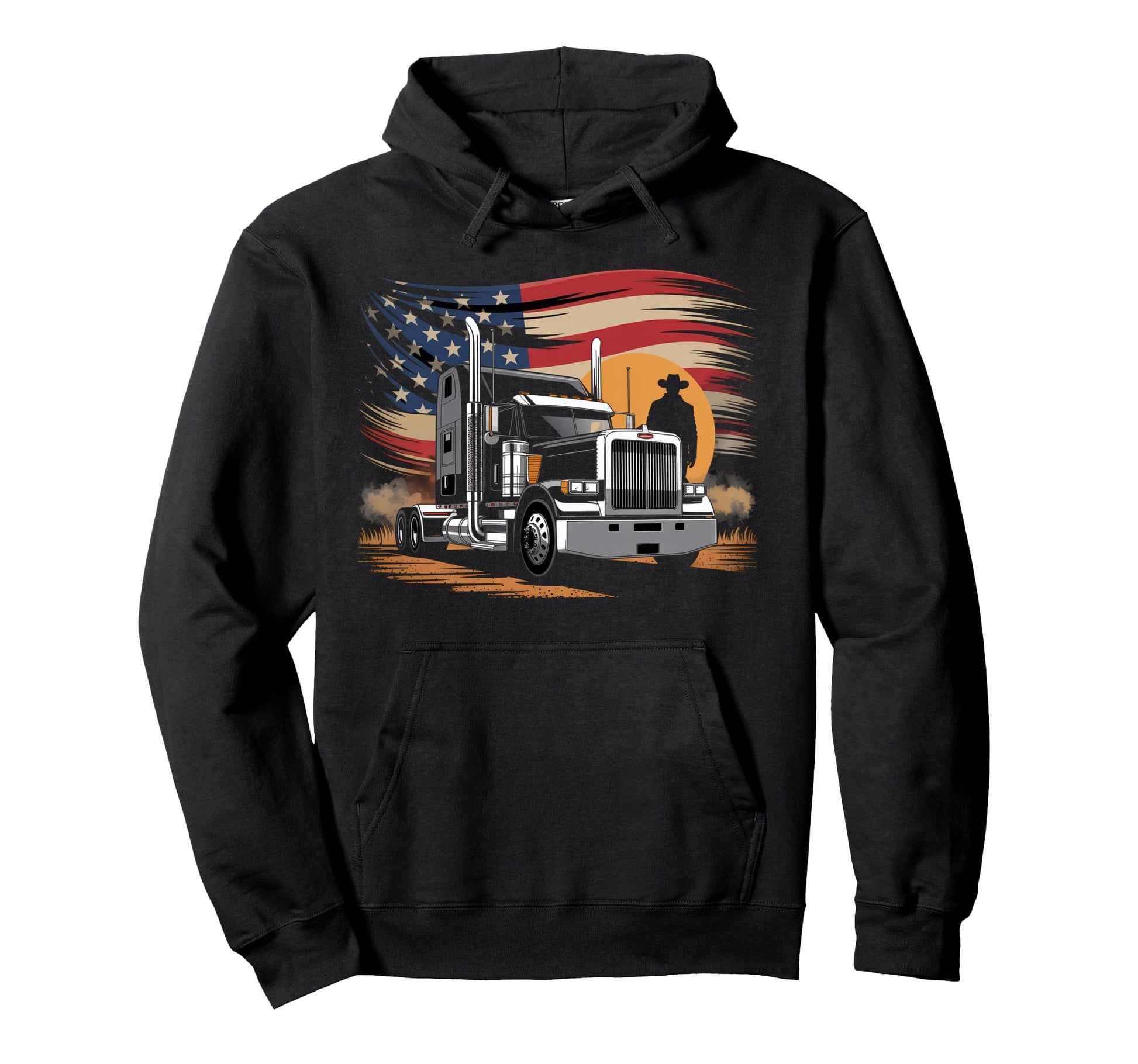 American Flag Trucker Dad Big Rig Hoodie - Unique Graphic Men Women - T-Shirt, Sweatshirt, Hoodie